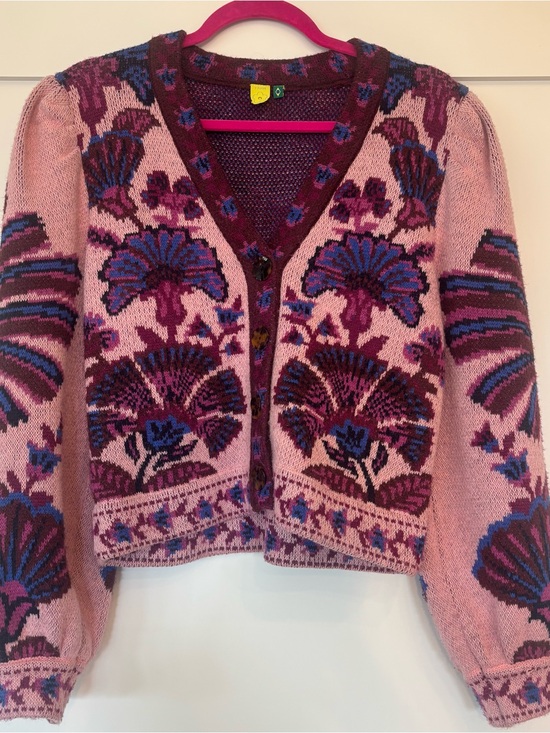 FARM Rio Sweaters - FARM Rio Pink Floral V-Neck Button Cardigan with Maroon & Blue Motif